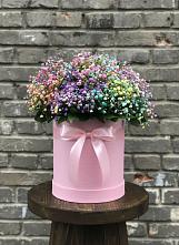 Цветочная композиция из Гипсофила и Розы в шляпной коробке в Индустриальный Краснодар