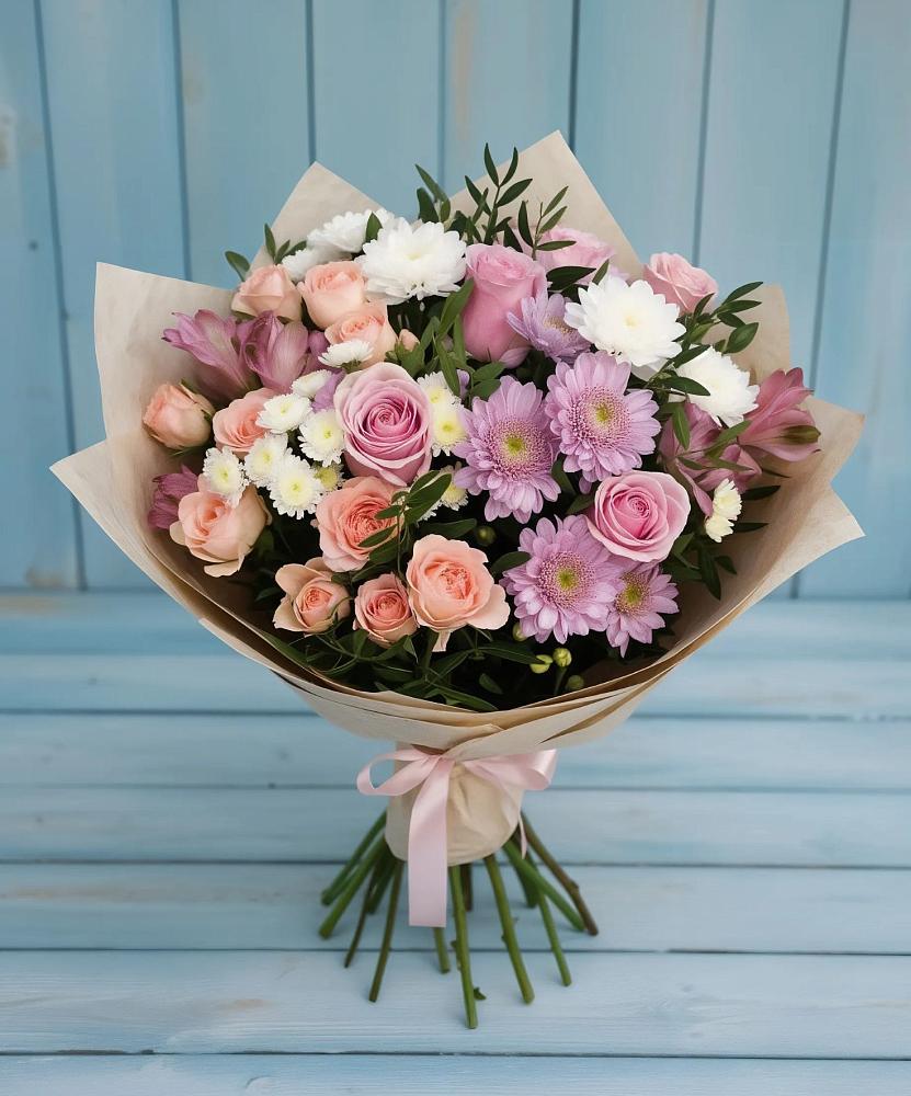 Букет цветов из: Хризантемы, Розы и Альстромерии в Индустриальный Краснодар