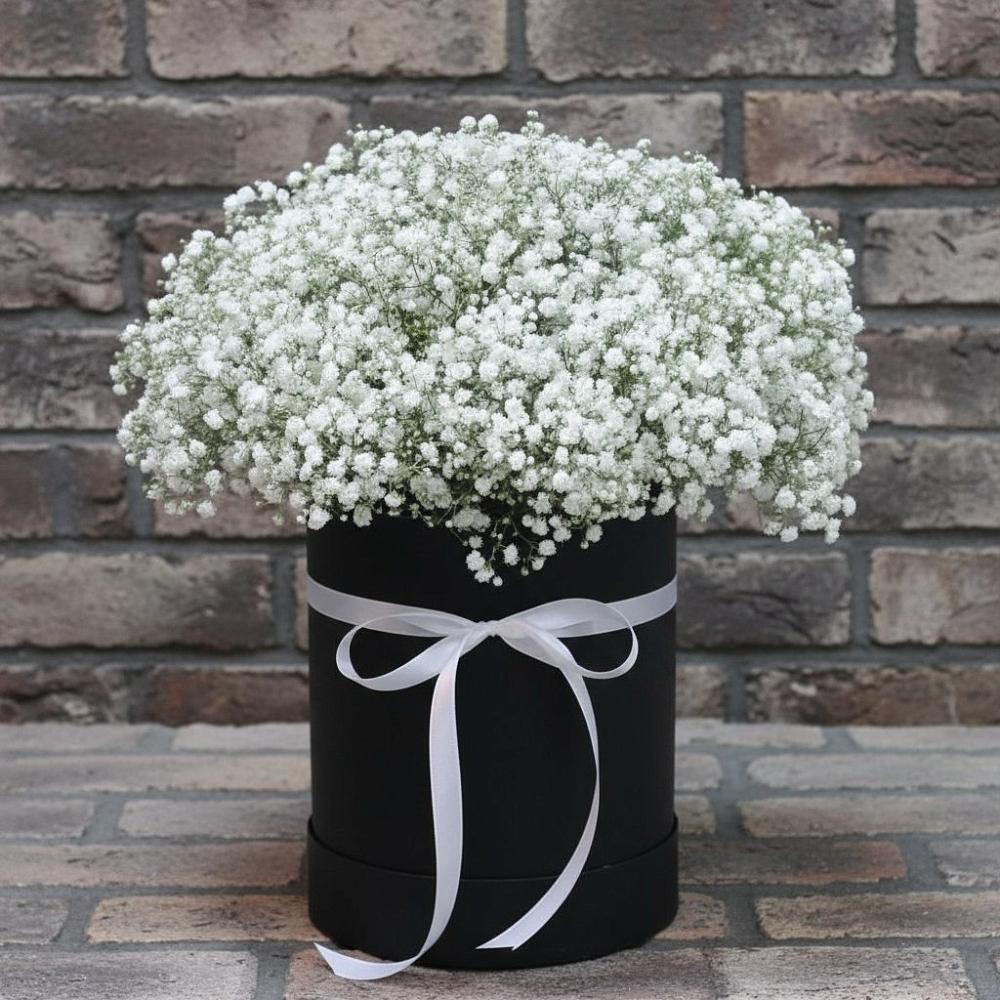 Цветочная композиция из Гипсофила в шляпной коробке в Индустриальный Краснодар